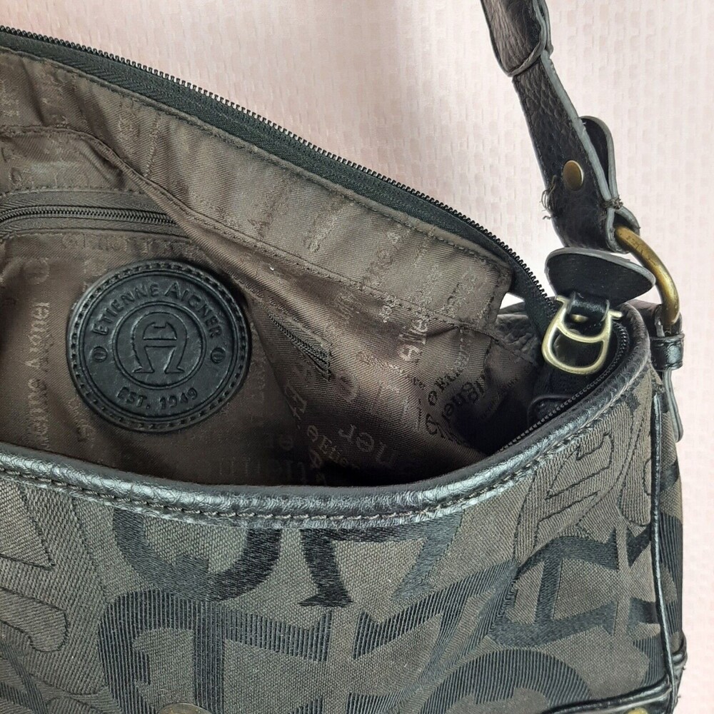 Vintage Etienne Aigner Handbag Black with Logo Leather Fabric Zipper - Picture 5 of 11